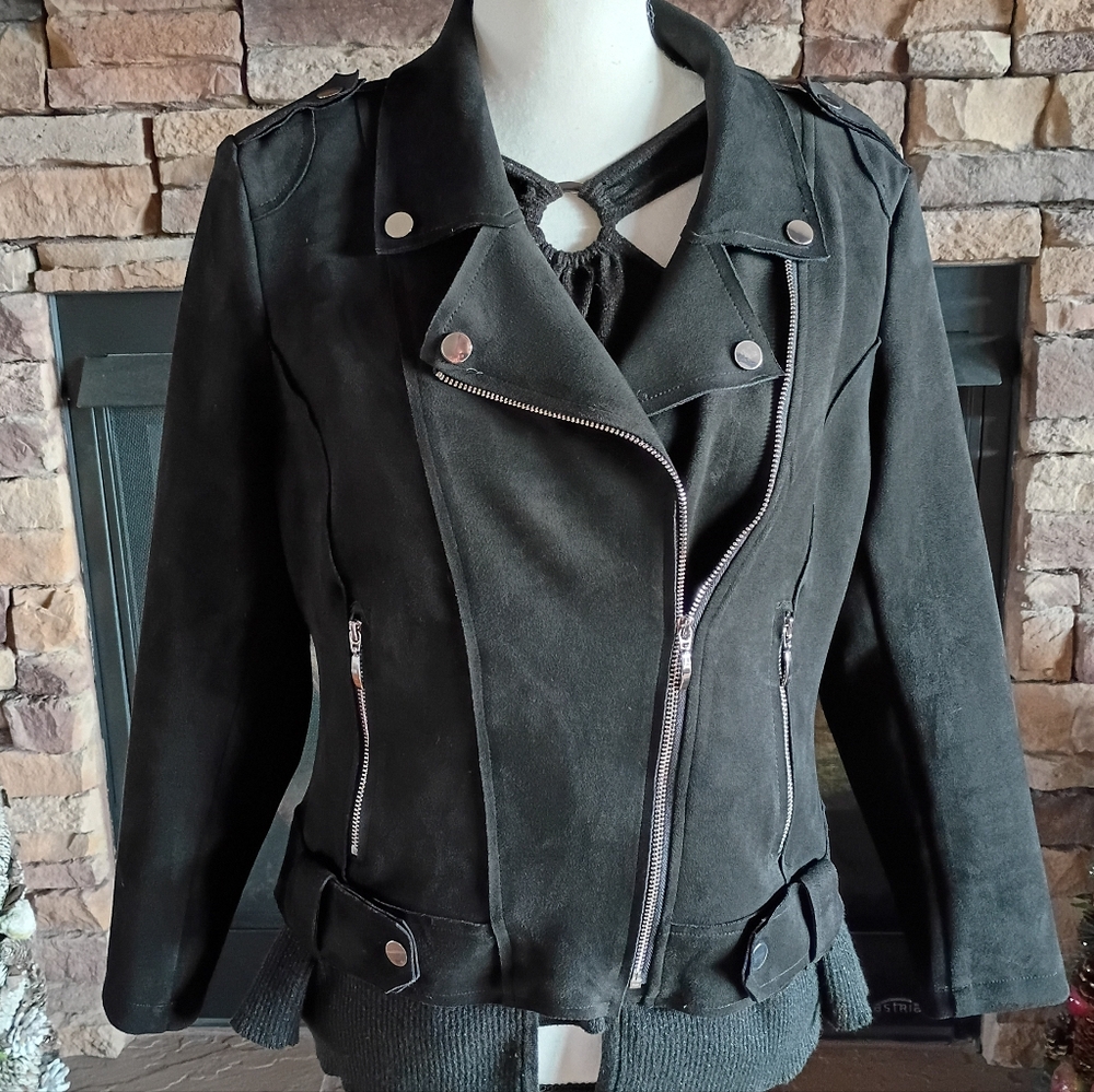 Tricotto Black Faux Suede Asymmetrical Moto Jacket Size Small